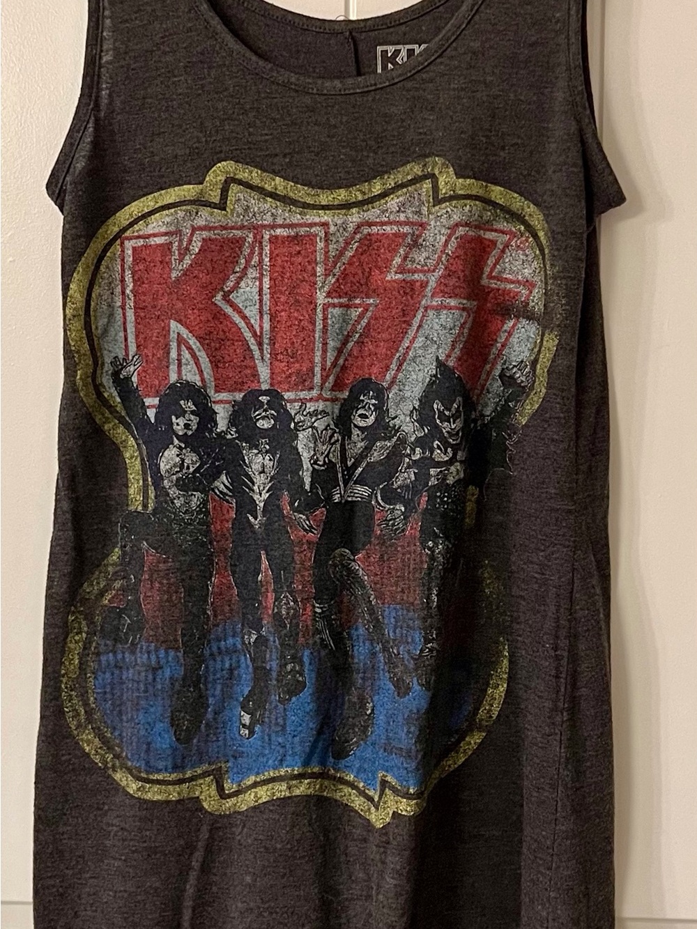 Kiss Tank Top in Charcoal with Red, Blue and Gold Graphic